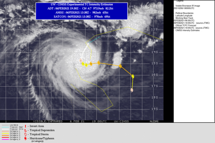 19S(FARAJI) WARNING 4 ISSUED AT 06/21UTC.THE SYSTEM IS IN A  FAVORABLE ENVIRONMENT WITH WARM (29-30C) SEAS, ROBUST DUAL OUTFLOW  ALOFT, AND LOW (5-10KT) VERTICAL WIND SHEAR (VWS). TC 19S IS SLOWLY  COMING OUT OF A QUASI-STATIONARY (QS) STATE AS THE NEAR-EQUATORIAL  RIDGE TO THE NORTH STEERS IT SLOWLY EASTWARD. AFTER 48H, A  SUBTROPICAL RIDGE (STR) TO THE EAST WILL BUILD, ASSUME STEERING AND  GRADUALLY DRIVE THE CYCLONE SOUTHWARD. CONTINUED FAVORABLE  ENVIRONMENTAL CONDITIONS WILL FUEL STEADY INTENSIFICATION TO A PEAK  OF 110KNOTS/US CATEGORY 3 BY 48H. AFTERWARD, A GRADUAL WEAKENING WILL COMMENCE AS  THE SYSTEM TRACKS POLEWARD AND WIND SHEAR BECOMES MODERATE (15-25 KTS), AND  BY 120H, WILL BE REDUCED TO 70KNOTS.