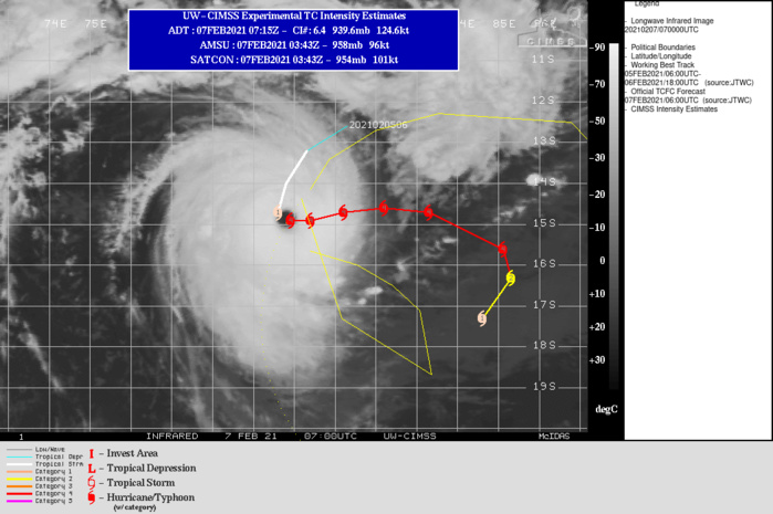 19S(FARAJI). WARNING 5 ISSUED AT 07/09UTC. 19S IS TRACKING ALONG THE SOUTHERN PERIPHERY OF A NEAR EQUATORIAL RIDGE (NER) TO THE NORTH AND THROUGH A FAVORABLE ENVIRONMENT WITH LOW (5- 10 KTS) VERTICAL WIND SHEAR (VWS), WARM (29-30 CELSIUS) SEA SURFACE TEMPERATURE (SST) AND ROBUST POLEWARD AND EQUATORWARD OUTFLOW.  DESPITE THESE FAVORABLE CONDITIONS, TC FARAJI WILL STRUGGLE TO  MAINTAIN THE CURRENT 115 KNOTS INTENSITY OVER THE NEXT 24 HOURS DUE TO ENTRAINMENT OF DRY AIR ALONG THE EASTERN PERIPHERY OF THE SYSTEM AND A LIKELY LOWER OCEAN HEAT CONTENT AS A RESULT OF THE QUASI STATIONARY STORM  MOTION. AFTER 24H, ENVIRONMENTAL CONDITIONS WILL SUPPORT GRADUAL  RE-INTENSIFICATION TO 120 KNOTS BY 48H. THEREAFTER, A BUILDING  SUBTROPICAL RIDGE (STR) POSITIONED TO THE EAST-SOUTHEAST WILL  CONTINUE TO STRENGTHEN AND BY 72H WILL BECOME THE DOMINANT  STEERING MECHANISM. INITIALLY, THE STEERING STR WILL DRIVE THE  SYSTEM POLEWARD AFTER 72H AND THEN SOUTHWESTWARD AFTER 96H.  MODERATE (15-20 KTS) WIND SHEAR AFTER 72H, COUPLED WITH COOLING SEAS AND  CONVERGENT UPPER LEVEL WESTERLY WINDS TO THE SOUTH WILL LEAD TO  FURTHER WEAKENING TO 70 KNOTS BY 120H.