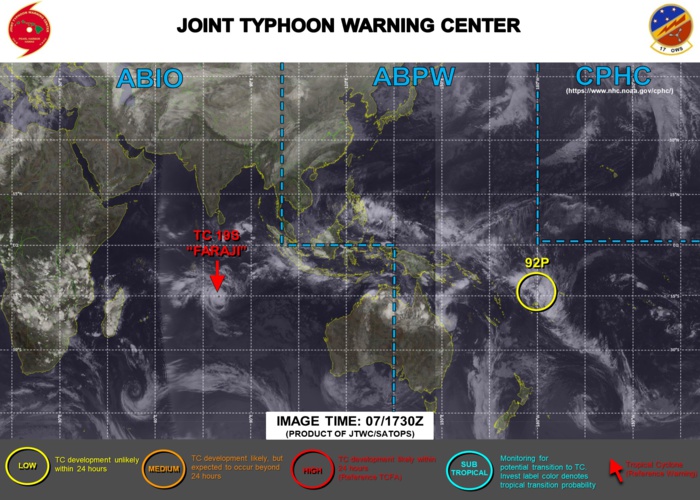 JTWC IS ISSUING 12HOURLY WARNINGS ON TC 19S(FARAJI). 3HOURLY SATELLITE BULLETINS ARE PROVIDED FOR 19S. INVEST 92P IS UNDER WATCH.