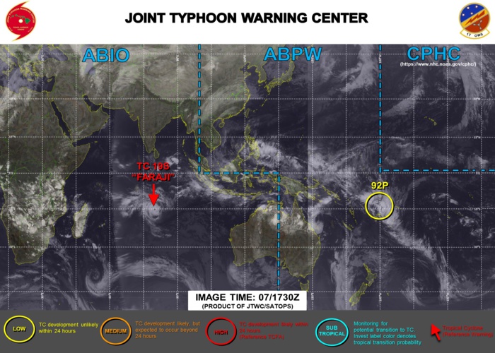 JTWC IS ISSUING 12HOURLY WARNINGS ON TC 19S(FARAJI). 3HOURLY SATELLITE BULLETINS ARE PROVIDED FOR 19S. INVEST 92P IS UNDER WATCH. JTWC IS ISSUING 12HOURLY WARNINGS ON TC 19S(FARAJI). 3HOURLY SATELLITE BULLETINS ARE PROVIDED FOR 19S. INVEST 92P IS UNDER WATCH.