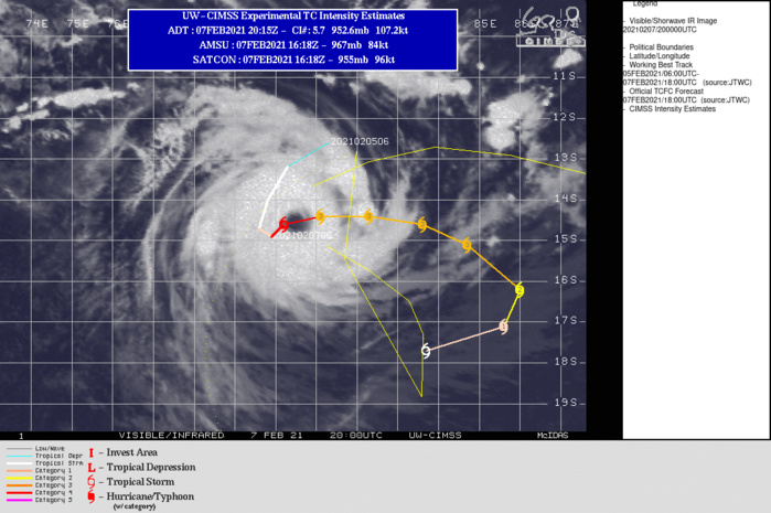 19S(FARAJI). WARNING 6.THE SYSTEM IS IN A FAVORABLE ENVIRONMENT WITH WARM (29-30C) SEAS, GOOD RADIAL OUTFLOW ALOFT, AND LOW (5-10KT) VERTICAL WIND SHEAR (VWS). TC 19S IS SLOWLY COMING OUT OF A QUASI-STATIONARY (QS) STATE AS THE NEAR-EQUATORIAL RIDGE TO THE NORTH STEERS IT SLOWLY NORTHEASTWARD. AROUND 72H, A SUBTROPICAL RIDGE (STR) TO THE EAST WILL BUILD, ASSUME STEERING AND GRADUALLY DRIVE THE CYCLONE SOUTHWESTWARD THEN WESTWARD. AS TC 19S PROGRESSES EASTWARD, THE REDUCED OCEAN HEAT CONTENT CAUSED BY UPWELLING DUE TO ITS PROLONGED QS STATE, PLUS THE INFLUX OF COLD DRY AIR, WILL OFFSET THE OTHERWISE FAVORABLE ENVIRONMENT, RESULTING IN A NET WEAKENING AND, BY 72H, WILL BE DOWN TO 90KNOTS/US CATEGORY 2. AFTERWARD, AS THE CYCLONE MAKES A WIDE U-TURN WESTWARD, INCREASING VWS (20KT+), PLUS THE SUBSIDING IMPACT OF AN APPROACHING MID-LATITUDE TROUGH, WILL RAPIDLY ERODE TC FARAJI DOWN TO 45KNOTS BY 120H.