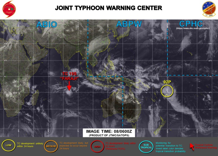 08/06UTC. JTWC IS ISSUING 12HOURLY WARNINGS ON TC 19S(FARAJI). 3HOURLY SATELLITE BULLETINS ARE PROVIDED FOR 19S. INVEST 92P REMAINS UNDER WATCH. 08/06UTC. JTWC IS ISSUING 12HOURLY WARNINGS ON TC 19S(FARAJI). 3HOURLY SATELLITE BULLETINS ARE PROVIDED FOR 19S. INVEST 92P REMAINS UNDER WATCH.