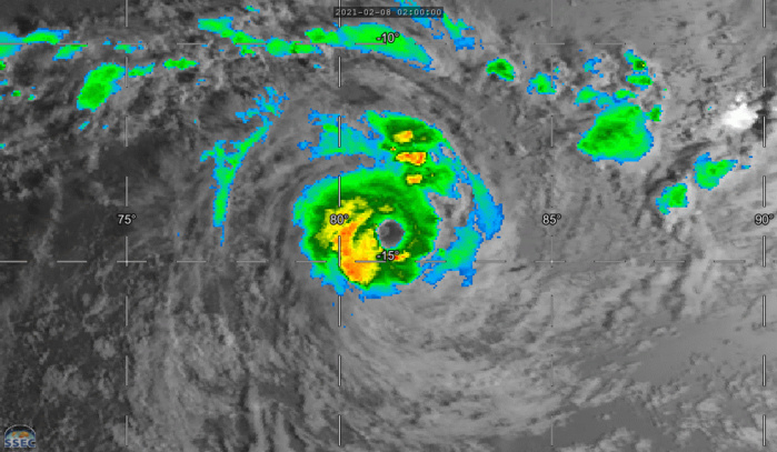 19S(FARAJI). 08/09UTC LOOP. ANIMATED MULTISPECTRAL SATELLITE IMAGERY DEPICTS DENSE, AXISYMMETRIC CONVECTION CHARACTERISTIC OF AN ANNULAR TROPICAL CYCLONE ALONG WITH COOLING CLOUD TOPS SURROUNDING A WELL DEFINED 37 KM DIAMETER EYE. IF NECESSARY CLICK TO ANIMATE.