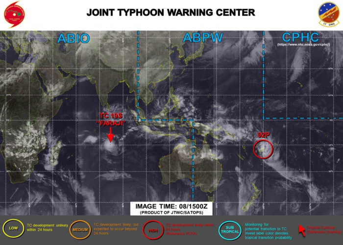 08/15UTC. JTWC IS ISSUING 12HOURLY WARNINGS ON TC 19S(FARAJI). INVEST 92P IS UP-GRADED TO HIGH. 3HOURLY SATELLITE BULLETINS ARE PROVIDED FOR 19S AND 92P. 08/15UTC. JTWC IS ISSUING 12HOURLY WARNINGS ON TC 19S(FARAJI). INVEST 92P IS UP-GRADED TO HIGH. 3HOURLY SATELLITE BULLETINS ARE PROVIDED FOR 19S AND 92P.