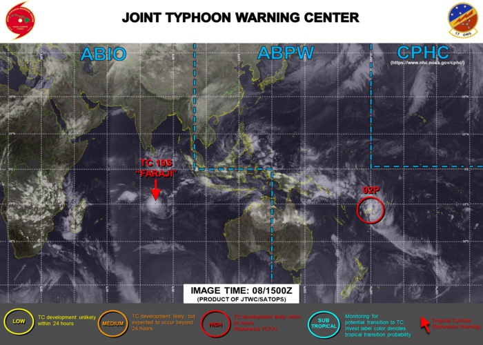08/15UTC. JTWC IS ISSUING 12HOURLY WARNINGS ON TC 19S(FARAJI). INVEST 92P IS UP-GRADED TO HIGH. 3HOURLY SATELLITE BULLETINS ARE PROVIDED FOR 19S AND 92P.