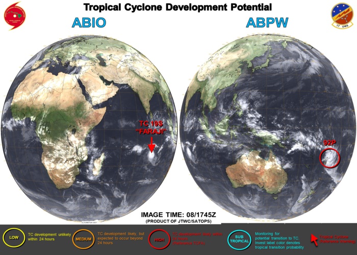 08/18UTC. JTWC IS ISSUING 12HOURLY WARNINGS ON TC 19S(FARAJI). INVEST 92P IS UP-GRADED TO HIGH. 3HOURLY SATELLITE BULLETINS ARE PROVIDED FOR 19S AND 92P. 08/18UTC. JTWC IS ISSUING 12HOURLY WARNINGS ON TC 19S(FARAJI). INVEST 92P IS UP-GRADED TO HIGH. 3HOURLY SATELLITE BULLETINS ARE PROVIDED FOR 19S AND 92P.