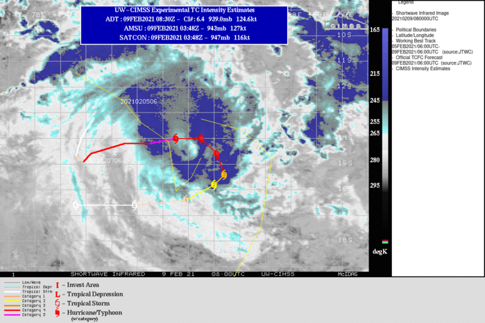 19S(FARAJI). WARNING 9 ISSUED AT 09/09UTC. THE INITIAL INTENSITY IS ASSESSED AT 130 KNOTS/CATEGORY 4 WITH HIGH  CONFIDENCE, HEDGED SLIGHTLY LOWER THAN THE PGTW DVORAK CURRENT  INTENSITY ESTIMATE OF T7.0 IN LIGHT OF A DATA T-NUMBER OF T6.0 (115  KTS), WITH ADDITIONAL SUPPORT FROM A FMEE CURRENT INTENSITY ESTIMATE  OF T6.5 (127 KTS), AN ADT ESTIMATE OF T6.6 AND A SATCON ESTIMATE OF  131 KTS. FINALLY, A 090000Z RADARSAT-2 SAR BULLSEYE INDICATED WINDS  OF 131 KNOTS, WITH HIGHER GUSTS TO NEAR 150 KNOTS, LENDING ADDITIONAL  CONFIDENCE TO THE INITIAL INTENSITY. TC FARAJI IS CURRENTLY TRACKING  GENERALLY EASTWARD ALONG THE SOUTHERN PERIPHERY OF A NEAR EQUATORIAL  RIDGE CENTERED TO THE NORTH THROUGH A GENERALLY FAVORABLE  ENVIRONEMENT CHARACTERIZED BY LOW TO MODERATE (15-20 KTS)  SOUTHWESTERLY WIND SHEAR, WARM (27-28C) SEAS AND WEAK EASTWARD OUTFLOW. TC  FARAJI IS FORECAST TO CONTINUE TRACKING EAST-SOUTHEASTWARD ALONG THE  SOUTHERN PERIPHERY OF THE NER THROUGH 24H. BY 24H, A STRONG  NORTH-SOUTH ORIENTED SUBTROPICAL (STR) IS FORECAST TO DEVELOP TO THE  EAST, WHICH WILL BLOCK ANY FURTHER EASTWARD MOVEMENT. AS THIS NEW  RIDGE TAKES OVER AS THE PRIMARY STEERING MECHANISM, THE SYSTEM IS  EXPECTED TO SLOW, AND TURN SHARPLY SOUTHWARD BY 36H, AND BY 72H, IS FORECAST TO TRANSITION TO A WESTWARD TRACK ALONG THE NORTHERN  PERIPHERY OF A DEEP-LAYER STR LOCATED TO THE SOUTH. THE SYSTEM IS  FORECAST TO STEADILY WEAKEN THROUGH THE DURATION OF THE FORECAST  PERIOD DUE TO A COMBINATION OF INCREASED WIND SHEAR, DECREASING SEAS SURFACE TEMPS AND  GENERALLY MARGINAL OUTFLOW CONDITIONS. SHORT DURATION BURSTS OF  CONVECTIVE ACTIVITY ARE LIKELY TO OCCUR ON A DIURNAL CYCLE, WHICH  MAY LEAD TO FLUCTUATIONS IN THE INTENSITY, BUT THE OVERALL TREND  WILL BE DOWNWARD THROUGH THE FORECAST PERIOD.