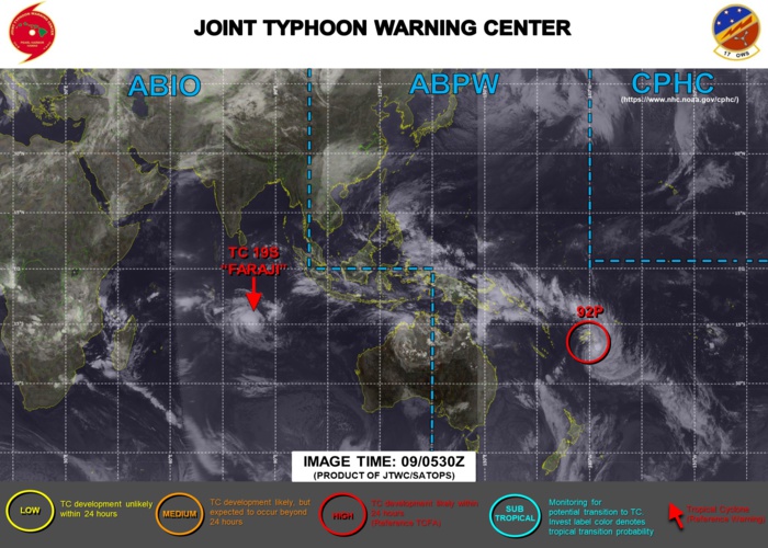 09/06UTC. JTWC HAS BEEN ISSUING 12HOURLY WARNINGS ON 19S(FARAJI). INVEST 92S IS STILL HIGH. 3HOURLY SATELLITE BULLETINS ARE PROVIDED FOR BOTH 19S AND 92P.