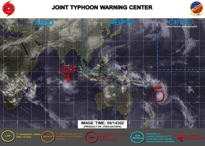 09/02 1730UTC. JTWC HAS BEEN ISSUING 12HOURLY WARNINGS ON 19S(FARAJI). INVEST 92P IS STILL HIGH. 3HOURLY SATELLITE BULLETINS ARE PROVIDED FOR BOTH 19S AND 92P. 09/02 1730UTC. JTWC HAS BEEN ISSUING 12HOURLY WARNINGS ON 19S(FARAJI). INVEST 92P IS STILL HIGH. 3HOURLY SATELLITE BULLETINS ARE PROVIDED FOR BOTH 19S AND 92P.