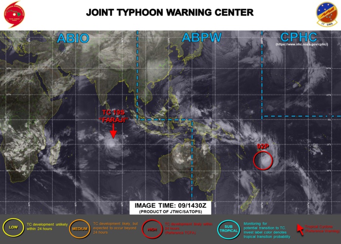 09/02 1730UTC. JTWC HAS BEEN ISSUING 12HOURLY WARNINGS ON 19S(FARAJI). INVEST 92P IS STILL HIGH. 3HOURLY SATELLITE BULLETINS ARE PROVIDED FOR BOTH 19S AND 92P.