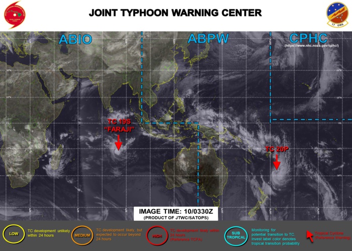 10/0330UTC. JTWC IS ISSUING 12HOURLY WARNINGS ON 19S(FARAJI). WARNING 1 HAS BEEN ISSUED FOR 20P FOLLOWED BY 6HOURLY WARNINGS. 3 HOURLY SATELLITE BULLETINS ARE PROVIDED FOR BOTH 19S AND 20P.