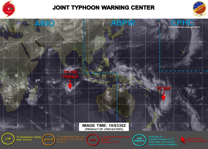 10/0330UTC. JTWC IS ISSUING 12HOURLY WARNINGS ON 19S(FARAJI). WARNING 1 HAS BEEN ISSUED FOR 20P FOLLOWED BY 6HOURLY WARNINGS. 3 HOURLY SATELLITE BULLETINS ARE PROVIDED FOR BOTH 19S AND 20P. 10/0330UTC. JTWC IS ISSUING 12HOURLY WARNINGS ON 19S(FARAJI). WARNING 1 HAS BEEN ISSUED FOR 20P FOLLOWED BY 6HOURLY WARNINGS. 3 HOURLY SATELLITE BULLETINS ARE PROVIDED FOR BOTH 19S AND 20P.