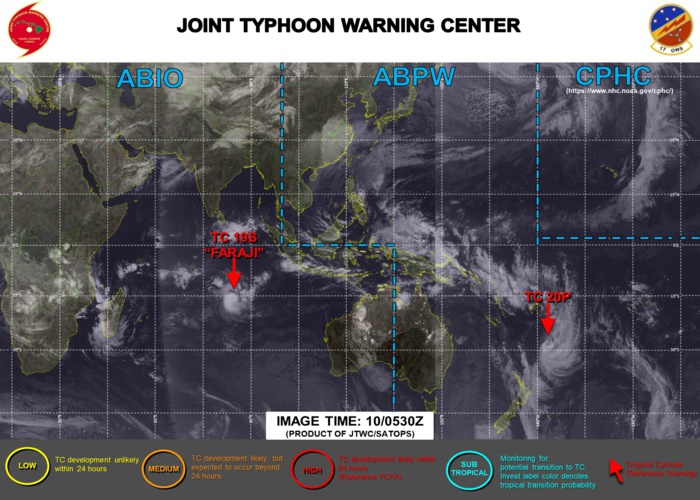 10/15UTC. JTWC IS ISSUING 12HOURLY WARNINGS ON 19S(FARAJI). WARNING 3 /FINAL WAS ISSUED FOR 20P AS THE SYSTEM IS COMPLETING EXTRATROPICAL TRANSITION .3 HOURLY SATELLITE BULLETINS ARE PROVIDED FOR BOTH 19S AND 20P.