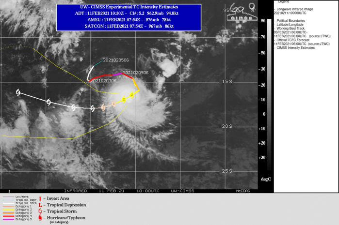 19S(FARAJI). WARNING 13 ISSUED AT 11/09UTC.TC FARAJI IS TRACKING ALONG THE NORTHWESTERN PERIPHERY OF A BUILDING SUBTROPICAL RIDGE (STR) POSITIONED TO THE  SOUTHWEST AND THROUGH A MARGINAL ENVIRONMENT CHARACTERIZED BY WARM (27-28 CELSIUS) SEA SURFACE TEMPERATURES AND ROBUST POLEWARD OUTFLOW OFFSET BY MODERATE (15-20 KTS) VERTICAL WIND SHEAR  AND CONVERGENT FLOW ALONG THE NORTHWESTERN PERIPHERY OF THE SYSTEM. AS THE STEERING STR CONTINUES TO BUILD IT WILL REPOSITION FARTHER WEST AND BEGIN TO DRIVE TC FARAJI GENERALLY WESTWARD AFTER 36H. MODERATE WIND SHEAR COUPLED WITH PERIODS OF CONVERGENT FLOW ALOFT WILL  WEAKEN THE SYSTEM TO 45 KNOTS BY 72H. THEREAFTER, THE STEERING STR WILL REPOSITION AND BEGIN TO STEER THE SYSTEM WEST-NORTHWESTWARD.  LOW (5-10 KTS) WIND SHEAR AND CONTINUED WARM (28-39 CELSIUS) SEAS AFTER  72H WILL LEAD TO GRADUAL INTENSIFICATION TO 55 KNOTS BY 120H.