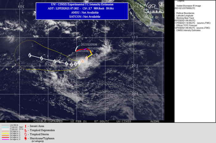 19S(FARAJI). WARNING 15 ISSUED AT 12/09UTC.TC 19S(FARAJI) IS TRACKING ALONG THE NORTHWESTERN PERIPHERY OF A  SUBTROPICAL RIDGE (STR) POSITIONED TO THE SOUTHEAST AND THROUGH A MARGINALLY UNFAVORABLE ENVIRONMENT  CHARACTERIZED BY WARM (27-28 CELSIUS) SEA SURFACE TEMPERATURES (SST) AND ROBUST POLEWARD OUTFLOW ALOFT OFFSET BY HIGH (20-25 KTS) VERTICAL WIND SHEAR AND  CONVERGENT UPPER LEVEL FLOW ALONG THE NORTHWESTERN  PERIPHERY OF THE SYSTEM. TC FARAJI WILL CONTINUE TO  WEAKEN TO 45 KNOTS THROUGH 36H AS IT TRACKS WEST- SOUTHWESTWARD UNDER THE STEERING INFLUENCE OF THE STR. THEREAFTER THE PRIMARY STEERING MECHANISM WILL SHIFT  TO A DEEP LAYER STR POSITIONED TO THE SOUTH THAT WILL DRIVE THE SYSTEM GENERALLY WEST-NORTHWESTWARD THROUGH THE REMAINDER OF THE FORECAST PERIOD.A BRIEF PERIOD OF INTENSIFICATION IS FORECAST AFTER 96H AS THE UPPER LEVEL OUTFLOW IMPROVES AND WIND SHEAR  DECREASES, LEADING TO AN INTENSITY OF 45 KNOTS BY 120H. 19S(FARAJI). WARNING 15 ISSUED AT 12/09UTC.TC 19S(FARAJI) IS TRACKING ALONG THE NORTHWESTERN PERIPHERY OF A  SUBTROPICAL RIDGE (STR) POSITIONED TO THE SOUTHEAST AND THROUGH A MARGINALLY UNFAVORABLE ENVIRONMENT  CHARACTERIZED BY WARM (27-28 CELSIUS) SEA SURFACE TEMPERATURES (SST) AND ROBUST POLEWARD OUTFLOW ALOFT OFFSET BY HIGH (20-25 KTS) VERTICAL WIND SHEAR AND  CONVERGENT UPPER LEVEL FLOW ALONG THE NORTHWESTERN  PERIPHERY OF THE SYSTEM. TC FARAJI WILL CONTINUE TO  WEAKEN TO 45 KNOTS THROUGH 36H AS IT TRACKS WEST- SOUTHWESTWARD UNDER THE STEERING INFLUENCE OF THE STR. THEREAFTER THE PRIMARY STEERING MECHANISM WILL SHIFT  TO A DEEP LAYER STR POSITIONED TO THE SOUTH THAT WILL DRIVE THE SYSTEM GENERALLY WEST-NORTHWESTWARD THROUGH THE REMAINDER OF THE FORECAST PERIOD.A BRIEF PERIOD OF INTENSIFICATION IS FORECAST AFTER 96H AS THE UPPER LEVEL OUTFLOW IMPROVES AND WIND SHEAR  DECREASES, LEADING TO AN INTENSITY OF 45 KNOTS BY 120H.