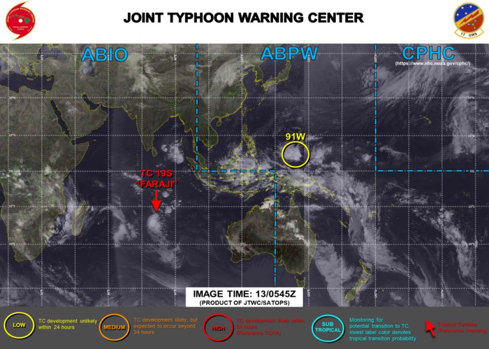 13/06UTC. INVEST 91W IS NOW ON THE MAP WITH AND IS LOW FOR THE NEXT 24HOURS. JTWC IS ISSUING 12HOURLY WARNINGS ON 19S. 3 HOURLY SATELLITE BULLETINS ARE ISSUED FOR 19S AND 93S( MOZ CHANNEL).