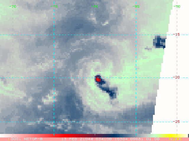 19S(FARAJI). 13/0341UTC. AMSU-B 89GHZ MICROWAVE IMAGE INDICATED A WELL- DEFINED LOW LEVEL CORE CENTERED TO THE NORTH OF THE CONVECTIVE MASS  AND LENT HIGH CONFIDENCE TO THE INITIAL POSITION. 19S(FARAJI). 13/0341UTC. AMSU-B 89GHZ MICROWAVE IMAGE INDICATED A WELL- DEFINED LOW LEVEL CORE CENTERED TO THE NORTH OF THE CONVECTIVE MASS  AND LENT HIGH CONFIDENCE TO THE INITIAL POSITION.