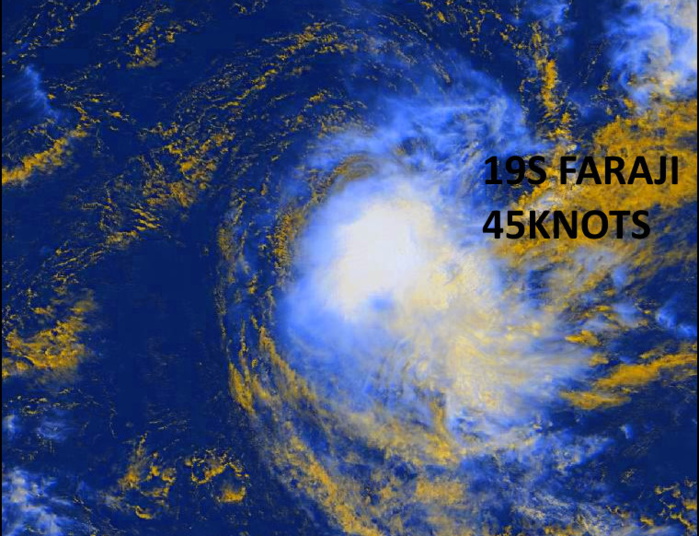 19S(FARAJI). 13/0915UTC. ANIMATED MULTISPECTRAL SATELLITE  IMAGERY (MSI) CONTINUES TO SHOW THE EFFECTS OF PERSISTENT  NORTHWESTERLY SHEAR, WHICH IS DISPLACING FLARING CONVECTION TO THE  SOUTHEAST OF THE PARTIALLY EXPOSED LOW LEVEL CIRCULATION CENTER (LLCC).