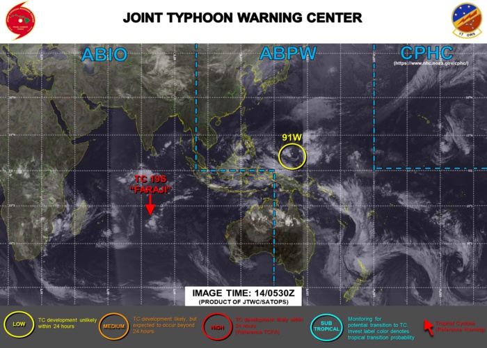 14/06UTC. JTWC HAS ISSUED WARNING 19/FINAL ON 19S(FARAJI). 3 HOURLY SATELLITE BULLETINS ARE ISSUED FOR 19S AND INVEST 93S (MOZAMBIQUE CHANNEL).