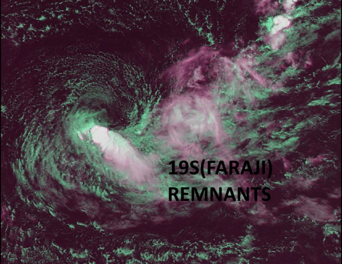 19S(FARAJI). 14/0915UTC.ANIMATED MULTISPECTRAL SATELLITE  IMAGERY (MSI) DEPICTS A FULLY EXPOSED LOW LEVEL CIRCULATION CENTER  WITH ISOLATED WEAK CONVECTION DISPLACED WELL TO THE SOUTHEAST DUE TO  THE STRONG NORTHWESTERLY FLOW ALOFT. Eumetsat. Enhanced by PH.