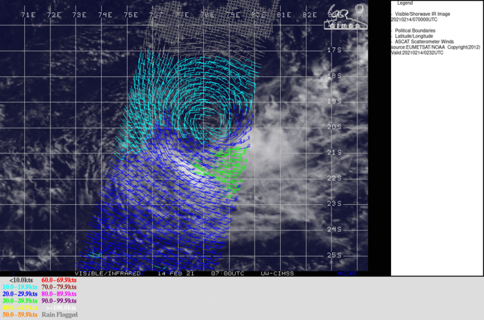 19S(FARAJI). 19/0232UTC METOP-A SCATTEROMETER PASS  INDICATED AN ISOLATED PATCH OF 30 KNOT WINDS IN THE SOUTHEAST  QUADRANT AND LESS THAN 20 KNOTS IN THE OTHER THREE QUADRANTS.