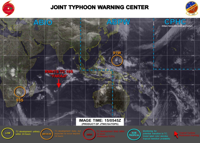 INVEST 91W & INVEST 93S: MEDIUM CHANCES OF DEVELOPMENT NEXT 24HOURS.JTWC IS ISSUING 3 HOURLY SATELLITE BULLETINS ON INVEST 93S AND ON THE REMNANTS OF 19S(FARAJI). INVEST 91W & INVEST 93S: MEDIUM CHANCES OF DEVELOPMENT NEXT 24HOURS.JTWC IS ISSUING 3 HOURLY SATELLITE BULLETINS ON INVEST 93S AND ON THE REMNANTS OF 19S(FARAJI).