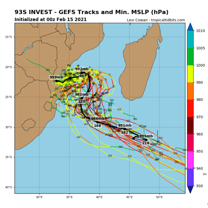 INVEST 93S. AN UPPER LEVEL LOW PREVIOUSLY POSITIONED OVER THE SYSTEM HAS  WEAKENED AND SHIFTED TO THE NORTHWEST ALLOWING POLEWARD OUTFLOW TO  IMPROVE. GLOBAL MODELS INDICATE INVEST 93S WILL TRACK EASTWARD AND  EMERGE OVER WARM WATER (29-30C) IN 36-48 HOURS WITH POLEWARD OUTFLOW  ENHANCED BY THE STRONG UPPER LEVEL WESTERLY FLOW TO THE SOUTH.  CONSEQUENTLY, THE SYSTEM IS EXPECTED TO INTENSIFY QUICKLY OVER THE  MOZAMBIQUE CHANNEL.