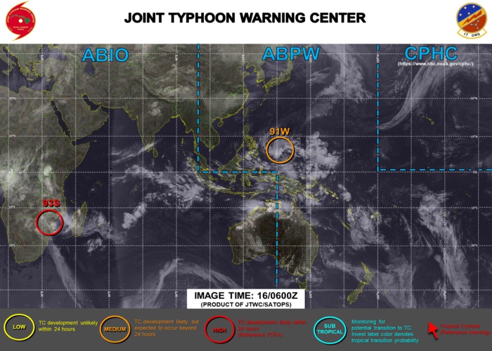 JTWC HAS UP-GRADED INVEST 93S TO HIGH. INVEST 91W IS STILL MEDIUM. 3HOURLY SATELLITE BULLETINS ARE ISSUED FOR INVEST 93S. THEY WERE DISCONTINUED FOR THE REMNANTS OF 19S(FARAJI) AT 15/2045UTC.3 HOURLY SATELLITE BULLETINS ARE NOW ISSUED FOR INVEST 91W FROM 16/1150UTC. JTWC HAS UP-GRADED INVEST 93S TO HIGH. INVEST 91W IS STILL MEDIUM. 3HOURLY SATELLITE BULLETINS ARE ISSUED FOR INVEST 93S. THEY WERE DISCONTINUED FOR THE REMNANTS OF 19S(FARAJI) AT 15/2045UTC.3 HOURLY SATELLITE BULLETINS ARE NOW ISSUED FOR INVEST 91W FROM 16/1150UTC.