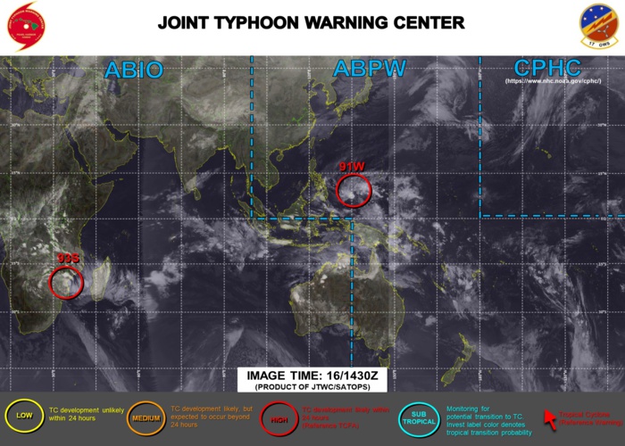 19/15UTC. INVEST 91W IS UP-GRADED TO HIGH. INVEST 93S REMAINS HIGH. 3HOURLY SATELLITE BULLETINS ARE ISSUED FOR BOTH SYSTEMS. 19/15UTC. INVEST 91W IS UP-GRADED TO HIGH. INVEST 93S REMAINS HIGH. 3HOURLY SATELLITE BULLETINS ARE ISSUED FOR BOTH SYSTEMS.