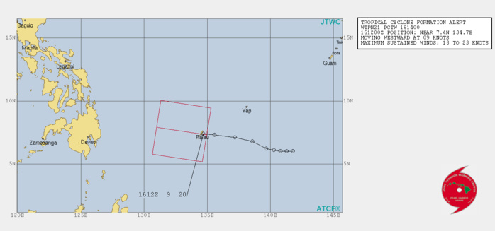 INVEST 91W. TROPICAL CYCLONE FORMATION ALERT(TCFA).  INVEST 91W IS IN A FAVORABLE  ENVIRONMENT FOR DEVELOPMENT WITH LOW TO MODERATE (10-20 KT) VERTICAL  WIND SHEAR (VWS), GOOD POLEWARD OUTFLOW, AND WARM (29-30C) SEA  SURFACE TEMPERATURES (SST).