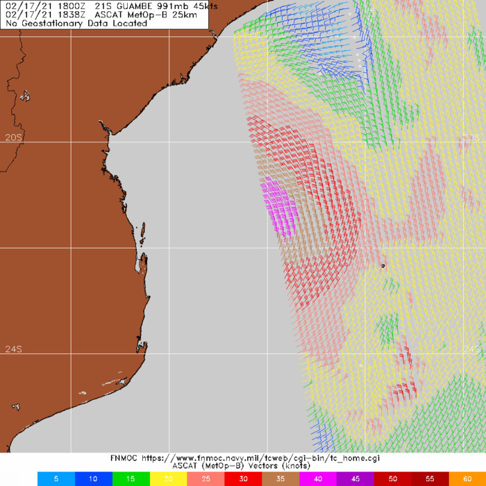 21S(GUAMBE). 17/1838UTC. ASCAT-B IMAGE SHOWING A SWATH OF 40-45 KNOT WINDS  OVER THE EASTERN SEMICIRCLE. ADDITIONALLY, A 171827Z SCATSAT IMAGE  SHOWED 43-47 KNOTS OVER THE EASTERN QUADRANT.