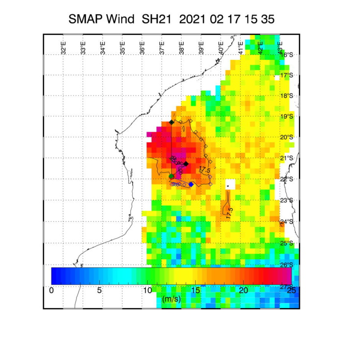 21S(GUAMBE). 17/1535UTC. SMAP READ WINDS OF 53KNOTS( 10MINUTES AVERAGE) WHICH IS SIGNIFICANTLY ABOVE THE 1MINUTE ESTIMATE FROM JTWC AT 17/18UTC.