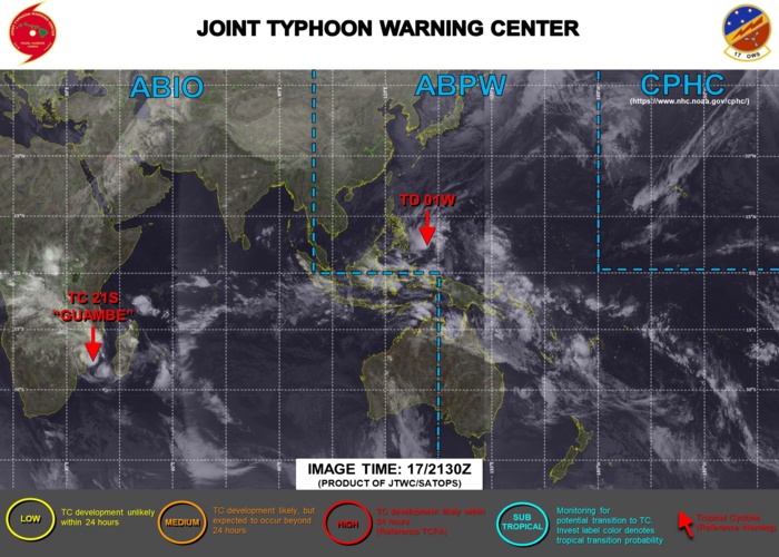 17/2130UTC. JTWC IS ISSUING 6HOURLY WARNINGS ON 01W AND 12HOURLY WARNINGS ON 21S. 3 HOURLY SATELLITE BULLETINS ARE ISSUED FOR BOTH SYSTEMS.