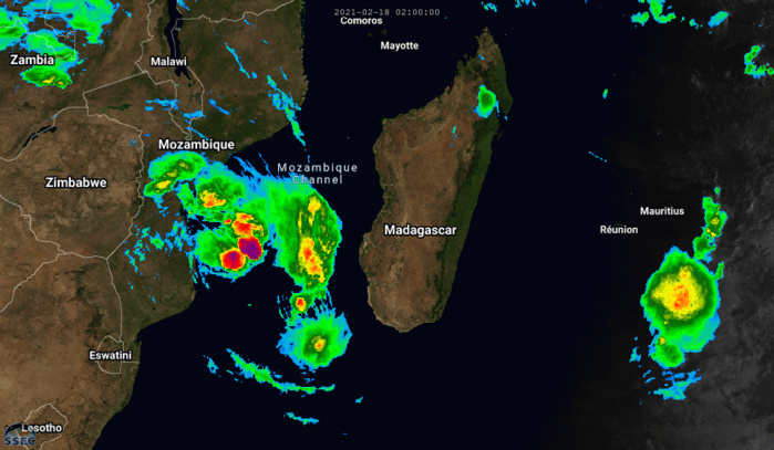 21S(GUAMBE). 18/07UTC. ANIMATED MULTISPECTRAL SATELLITE  IMAGERY DEPICTS A STEADILY IMPROVING CONVECTIVE SIGNATURE WITH WEAK  CYCLONIC BANDING FEATURES BECOMING EVIDENT WITHIN THE CENTRAL DENSE  OVERCAST (CDO) WHICH IS OBSCURING THE LOW LEVEL CIRCUATION CENTER  (LLCC).