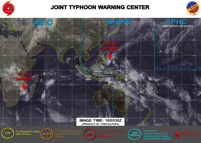 18/06UTC. JTWC IS ISSUING 6HOURLY WARNINGS ON 01W AND 12HOURLY WARNINGS ON 21S. 3 HOURLY SATELLITE BULLETINS ARE ISSUED FOR BOTH SYSTEMS. 18/06UTC. JTWC IS ISSUING 6HOURLY WARNINGS ON 01W AND 12HOURLY WARNINGS ON 21S. 3 HOURLY SATELLITE BULLETINS ARE ISSUED FOR BOTH SYSTEMS.