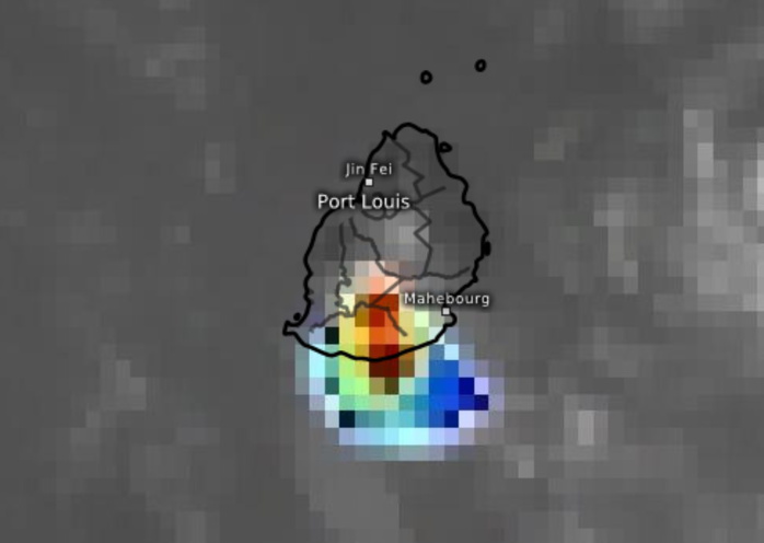 A 14heures Météosat-8 lit une température de -75°Celsius pour les sommets les plus hauts tutoyant la côte Sud-Sud-Est de MAURICE. Eumetsat.