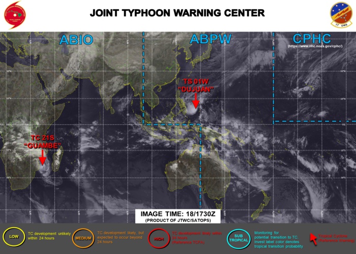 18/18UTC. JTWC IS ISSUING 6HOURLY WARNINGS ON 01W AND 12HOURLY WARNINGS ON 21S. 3 HOURLY SATELLITE BULLETINS ARE ISSUED FOR BOTH SYSTEMS.