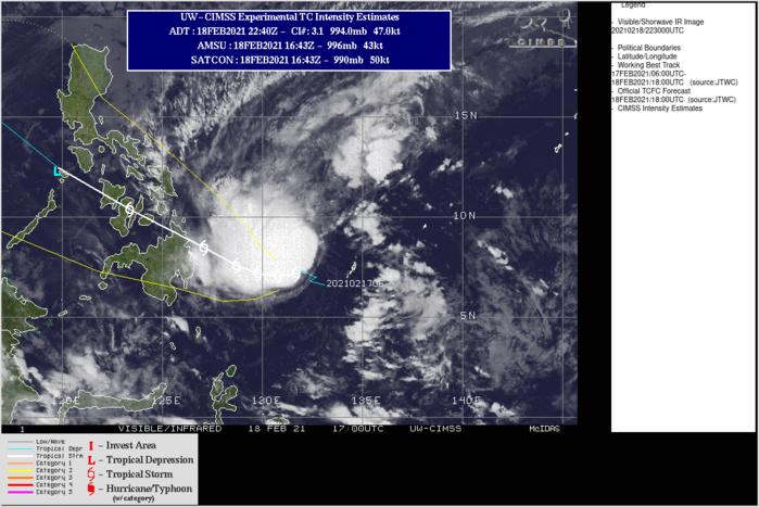 CLICK TO ANIMATE. 01W(DUJUAN). WARNING 7 ISSUED AT 18/21UTC. ANIMATED ENHANCED INFRARED SATELLITE  IMAGERY REVEALS A PARTIALLY-EXPOSED LOW-LEVEL CIRCULATION CENTER  (LLCC) POSITIONED UNDER THE SOUTHEAST EDGE OF AN AREA OF EXPANSIVE  DEEP CONVECTION. UNFORTUNATELY, THERE ARE NO USEFUL MICROWAVE IMAGES  TO HELP LOCATE THE CENTER, THEREFORE, THERE IS FAIR CONFIDENCE IN  THE INITIAL POSITION, WHICH APPEARS TO BE QUASI-STATIONARY OR SLOW  MOVING. THE INITIAL INTENSITY REMAINS ASSESSED AT 35 KNOTS BASED ON  A DVORAK ESTIMATES OF T2.5 (35 KNOTS) FROM ALL AGENCIES. UPPER-LEVEL  ANALYSIS INDICATES A MARGINALLY-FAVORABLE ENVIRONMENT WITH MODERATE  (20 KNOTS) SOUTHEASTERLY VERTICAL WIND SHEAR (VWS) OFFSET BY  DIFFLUENT EASTERLY FLOW AND ROBUST POLEWARD OUTFLOW. SST VALUES  REMAIN CONDUCIVE AT 29-30C. TS 01W IS TRACKING ALONG THE SOUTHWEST  PERIPHERY OF A DEEP-LAYERED SUBTROPICAL RIDGE (STR) POSITIONED TO  THE NORTHEAST. 3. FORECAST REASONING.    A. THERE IS NO SIGNIFICANT CHANGE IN THE FORECAST PHILOSOPHY FROM  THE PREVIOUS PROGNOSTIC REASONING MESSAGE.    B. TS 01W IS LOCATED WITHIN A WEAK STEERING ENVIRONMENT SOUTH OF  A BREAK IN THE SUBTROPICAL RIDGE (STR) ASSOCIATED WITH A MAJOR  SHORTWAVE TROUGH CURRENTLY OVER AND SOUTH OF JAPAN. IN GENERAL, THE  SYSTEM WILL TRACK SLOWLY WESTWARD TO WEST-NORTHWESTWARD THROUGH 36H  UNTIL THE MAJOR TROUGH SHIFTS EASTWARD AND ZONAL FLOW  PREDOMINATES. THIS WILL ALLOW THE STR TO RE-BUILD NORTHEAST AND  NORTH OF THE SYSTEM, WHICH WILL ALLOW THE SYSTEM TO ACCELERATE WEST- NORTHWESTWARD WITH LANDFALL OCCURRING NEAR 48H. WITH THE  EXCEPTION OF THE UKMET DETERMINISTIC AND UKMET ENSEMBLE MEAN  SOLUTIONS, NUMERICAL MODEL GUIDANCE IS IN FAIR AGREEMENT WITH A  325KM SPREAD IN SOLUTIONS AT 72H. TS 01W WILL INTENSIFY STEADILY  TO A PEAK INTENSITY OF 50 KNOTS BY 36H UNDER GENERALLY FAVORABLE  CONDITIONS, ESPECIALLY STRONG POLEWARD OUTFLOW. HOWEVER, THERE IS  SOME UNCERTAINTY IN THE PEAK INTENSITY DUE TO THE PERSISTENT  MODERATE VWS.     AFTER 72H, TS 01W WILL CONTINUE TO TRACK ACROSS THE  PHILIPPINE ARCHIPELAGO, AND BY 96H, WILL REACH THE SOUTH CHINA  SEA OFF THE ISLAND OF MINDORO. INTERACTION WITH THE ISLANDS AND  INCREASED WIND SHEAR WILL WEAKEN THE SYSTEM DOWN TO 25 KNOTS BY 120H.  NUMERICAL MODEL GUIDANCE DIVERGES AND IS IN POOR AGREEMENT IN THE  EXTENDED PERIOD WITH A LARGE SPREAD OF 980KM AT 120H (MINUS UKMET  AND UKMET ENSEMBLE MEAN). THESE SOLUTIONS ARE RECURVING THE SYSTEM  NORTHEASTWARD, WHICH IS UNLIKELY DUE TO THE STRONG LIKELIHOOD OF A  RE-BUILDING STR AND ZONAL UPPER-LEVEL FLOW OVER THE EAST CHINA SEA.  DUE TO THE QUASI-STATIONARY MOTION AND THE LARGE SPREAD IN MODEL  SOLUTIONS, THERE IS LOW CONFIDENCE IN THE JTWC FORECAST TRACK, WHICH  IS POSITIONED NEAR THE MULTI-MODEL CONSENSUS.