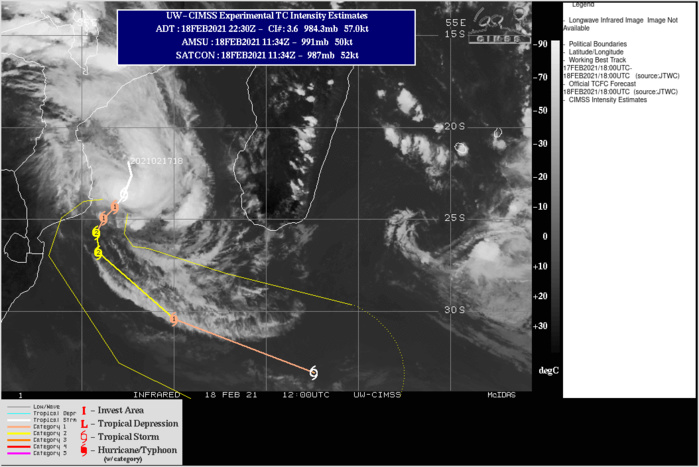 CLICK TO ANIMATE. 21S(GUAMBE). WARNING 3 ISSUED AT 18/21UTC. ANIMATED ENHANCED INFRARED SATELLITE  IMAGERY DEPICTS A CONSOLIDATING SYSTEM WITH CONVECTIVE BANDING  WRAPPING INTO A DEVELOPING CENTRAL DENSE OVERCAST FEATURE OBSCURING  THE LOW-LEVEL CIRCULATION CENTER (LLCC). A 181620Z MHS 89GHZ  MICROWAVE IMAGE SHOWS A COMPACT CORE OF DEEP CONVECTION WITH  FRAGMENTED BANDING OVER THE EASTERN SEMICIRCLE. UPPER-LEVEL ANALYSIS  INDICATES A FAVORABLE ENVIRONMENT WITH LOW (5-10 KNOTS) VERTICAL  WIND SHEAR (VWS), EXCELLENT EQUATORWARD OUTFLOW, IMPROVING POLEWARD  OUTFLOW INTO THE WESTERLIES TO THE SOUTH AND WARM (28-29C) SST  VALUES. THE INITIAL INTENSITY IS ASSESSED AT 55 KNOTS BASED ON THE  HIGHER END OF DVORAK INTENSITY ESTIMATES RANGING FROM 3.0-3.5 (45-55  KNOTS) AND AN 181800Z ADT ESTIMATE OF 3.5 (55 KNOTS). AN 181842Z  ASCAT-A PARTIAL IMAGE SUPPORTS THE INITIAL POSITION WITH FAIR  CONFIDENCE. TC 21S IS FORECAST TO TRACK SOUTHWARD TO SOUTH- SOUTHWESTWARD THROUGH T48h ALONG THE WESTERN PERIPHERY OF A NORTH- SOUTH ORIENTED SUBTROPICAL RIDGE (STR) POSITIONED TO THE EAST. AFTER  48h, THE SYSTEM WILL RECURVE SOUTHEASTWARD TO EAST-SOUTHEASTWARD  AS IT ROUNDS THE STR AND BEGINS TO INTERACT WITH THE MIDLATITUDE  WESTERLIES. TC 21S IS FORECAST TO BEGIN EXTRA-TROPICAL TRANSITION  (ETT) NEAR 72H AND WILL COMPLETE ETT BY 96H AS IT ACCELERATES  WITHIN THE STRONG WESTERLY FLOW AND GAINS FRONTAL CHARACTERISTICS.  NUMERICAL MODEL GUIDANCE IS IN GOOD AGREEMENT AND SUPPORTS THE JTWC  FORECAST TRACK WITH HIGH CONFIDENCE. TC 21S IS EXPECTED TO GRADUALLY  INTENSIFY THROUGH 36H WITH A PEAK INTENSITY OF 85 KNOTS/CATEGORY 2 AT 36H  AND 48H. STEADY WEAKENING WILL OCCUR AFTER 48H AS WIND SHEAR INCREASES AND SST VALUES COOL TO 25-24C.