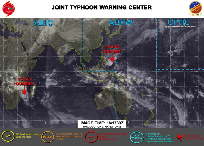 19/00UTC. JTWC IS ISSUING 6HOURLY WARNINGS ON 01W AND 12HOURLY WARNINGS ON 21S. 3 HOURLY SATELLITE BULLETINS ARE ISSUED FOR BOTH SYSTEMS.