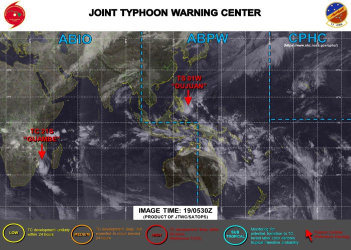 19/06UTC. JTWC IS ISSUING 6HOURLY WARNINGS ON 01W AND 12HOURLY WARNINGS ON 21S. 3 HOURLY SATELLITE BULLETINS ARE ISSUED FOR BOTH SYSTEMS.