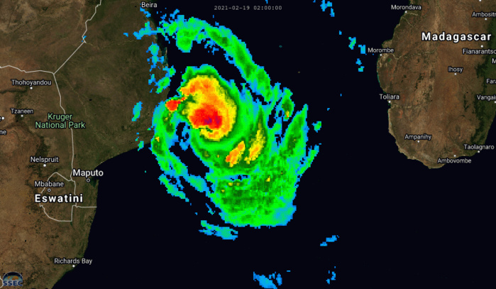 21S(GUAMBE). 19/08UTC. ANIMATED ENHANCED INFRARED (EIR) AND MULTISPECTRAL SATELLITE IMAGERY (MSI) DEPICT A RAPIDLY CONSOLIDATING  AND INTENSIFYING SYSTEM WITH A SMALL, COMPACT CORE OF DEEP  CONVECTION AND A DISORGANIZED, ELONGATED AND CLOUD FILLED EYE FEATURE. CLICK ON THE IMAGERY TO ANIMATE. 21S(GUAMBE). 19/08UTC. ANIMATED ENHANCED INFRARED (EIR) AND MULTISPECTRAL SATELLITE IMAGERY (MSI) DEPICT A RAPIDLY CONSOLIDATING  AND INTENSIFYING SYSTEM WITH A SMALL, COMPACT CORE OF DEEP  CONVECTION AND A DISORGANIZED, ELONGATED AND CLOUD FILLED EYE FEATURE. CLICK ON THE IMAGERY TO ANIMATE.