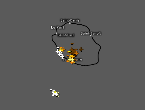 Orages détectés à la RÉUNION entre 14h05 et 15h05. WUS.