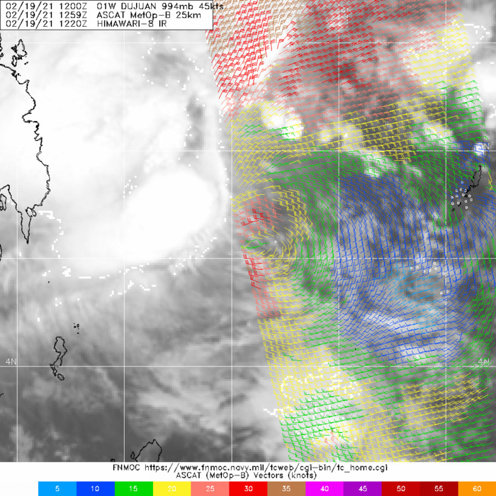 01W(DUJUAN).  LATE RECEIPT OF A 191259Z ASCAT-B  SCATTEROMETER PARTIAL PASS CONFIRMS THE INITIAL POSITION WITH HIGH  CONFIDENCE. THE CONVECTIVE MASS THAT WAS ORIGINALLY THOUGHT TO BE  ASSOCIATED WITH THE LLCC IS NOW REVEALED TO BE DISPLACED WELL TO THE  NORTHWEST DUE TO THE STRONG EAST-SOUTHEASTERLY WIND SHEAR.