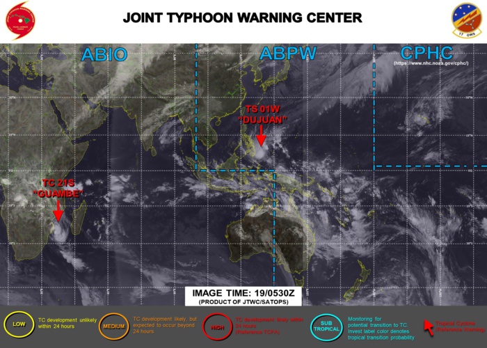 19/12UTC. JTWC IS ISSUING 6HOURLY WARNINGS ON 01W AND 12HOURLY WARNINGS ON 21S. 3 HOURLY SATELLITE BULLETINS ARE ISSUED FOR BOTH SYSTEMS. 19/12UTC. JTWC IS ISSUING 6HOURLY WARNINGS ON 01W AND 12HOURLY WARNINGS ON 21S. 3 HOURLY SATELLITE BULLETINS ARE ISSUED FOR BOTH SYSTEMS.