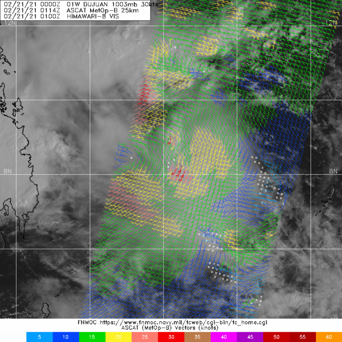 01W(DUJUAN).  INITIAL POSITION IS PLACED WITH  HIGH CONFIDENCE BASED UPON THE MSI LOOP AND A 21/0114UTC ASCAT METOP-B  IMAGE.