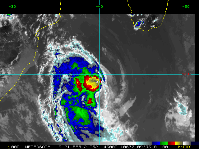 21S(GUAMBE). 21/1430UTC. RECENT SATELLITE DATA ARE SHOWING INTENSIFYING CONVECTION NEAR THE THE LOW LEVEL CENTER WHICH IS INDICATIVE OF A POSSIBLE SHORT PERIOD OF INTENSIFICATION WITHIN THE NEXT 12/18HOURS. PATRICK HOAREAU(PH).