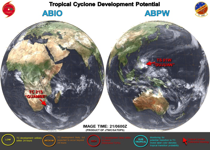21/12UTC.  JTWC IS ISSUING 6HOURLY WARNINGS ON 01W(DUJUAN) AND 12HOURLY WARNINGS ON 21S(GUAMBE). 3 HOURLY SATELLITE BULLETINS ARE ISSUED FOR BOTH SYSTEMS.