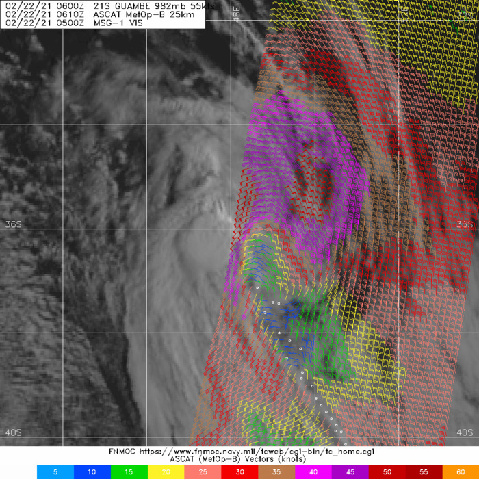 21S(GUAMBE). 22/0610UTC. ASCAT-B DEPICTED AT LEAST 50KNOT WINDS NORTH AND NORTH-EAST OF THE CENTER OF THE EXTRATROPICAL CYCLONE..