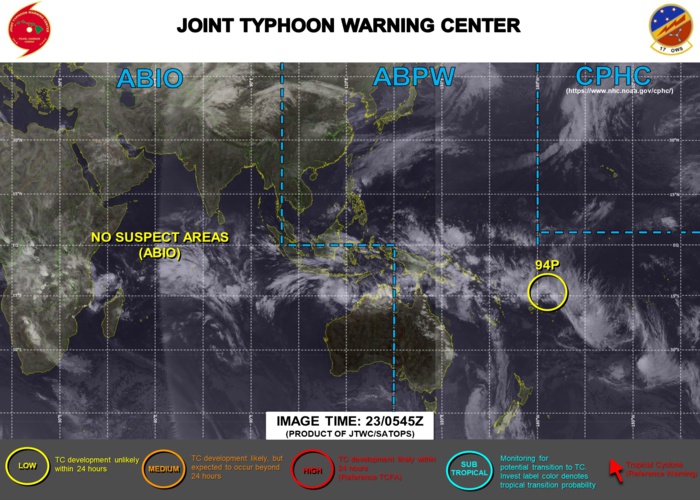 23/06UTC. JTWC HAS BEEN MONITORING INVEST 94P, INVEST 95P AND INVEST 96P. ONLY 94P IS ASSESSED TO HAVE LOW CHANCES OF TROPICAL DEVELOPMENT NEXT 24HOURS. INVEST 96P IS A 35KNOT SYSTEM BUT IS ANALYZED AS SUBTROPICAL OVER THE TASMAN SEA.